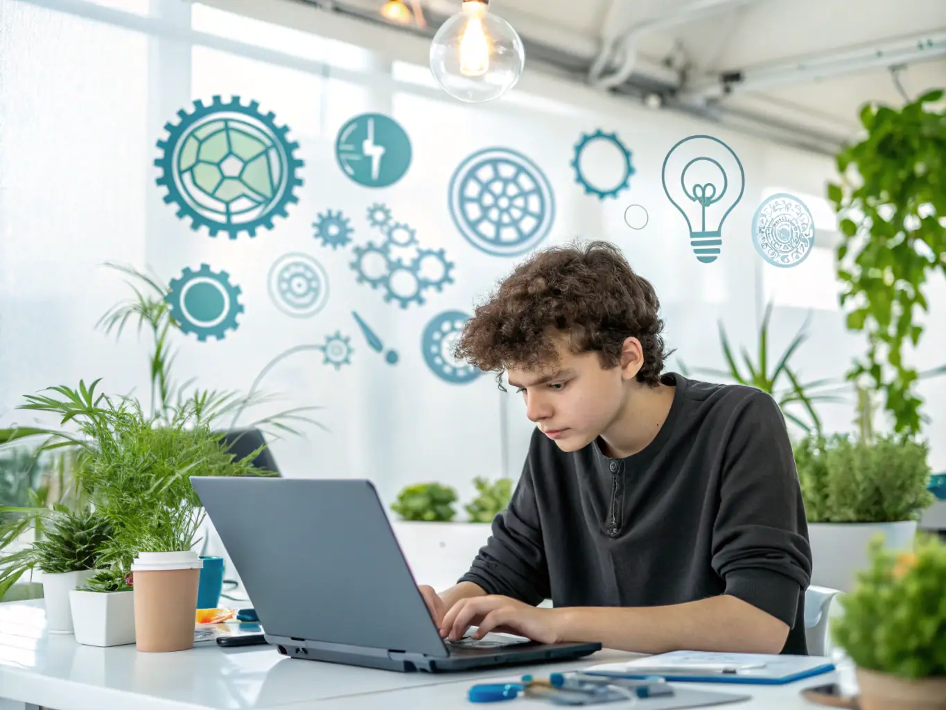 A student using the stakeAutomate platform on a laptop, focusing on a personalized learning path displayed on the screen, with a supportive AI mentor avatar visible in the corner.