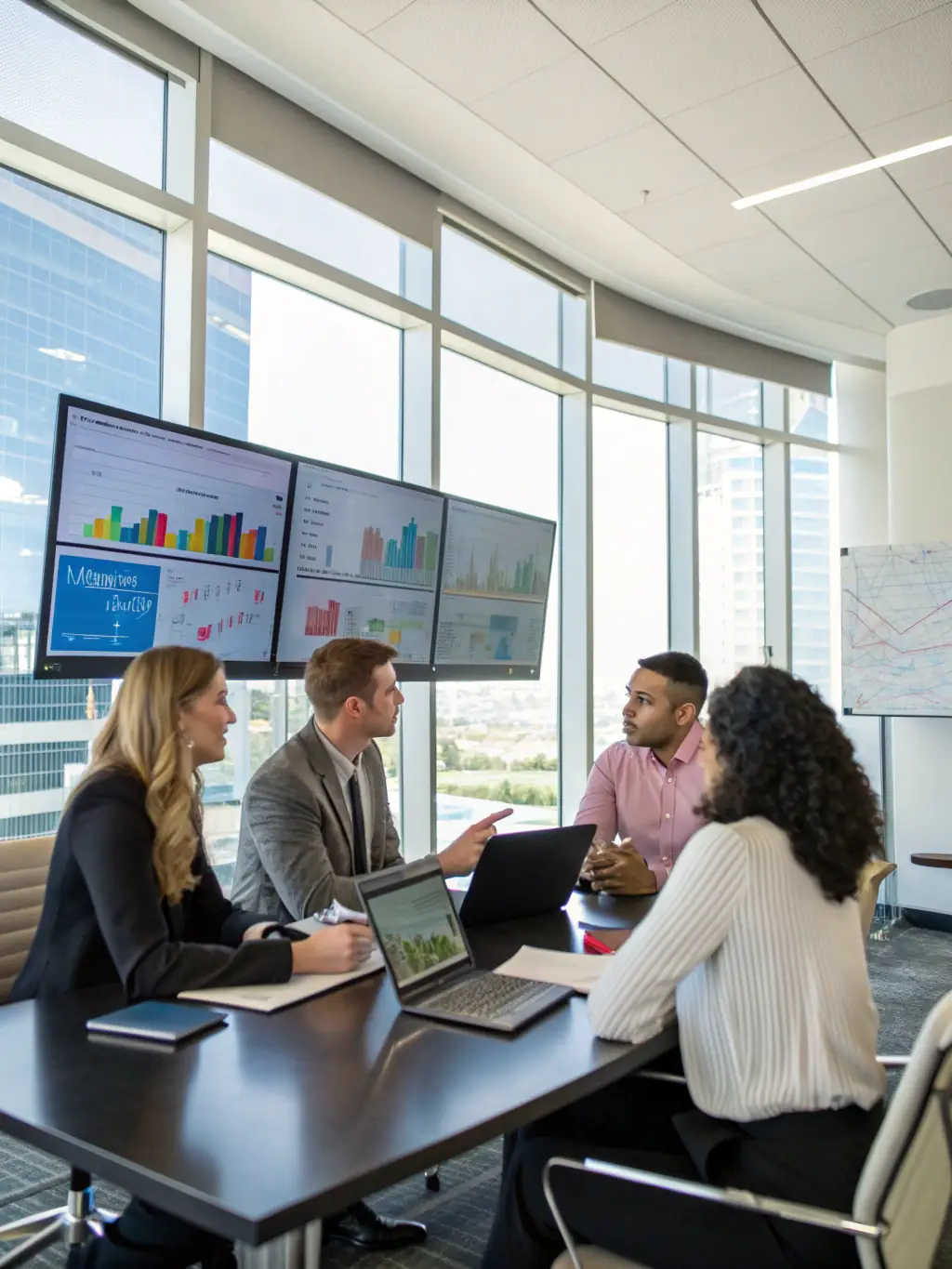 A diverse group of mature students collaborating around a table, brainstorming AI automation strategies, with laptops displaying various AI tools and platforms.