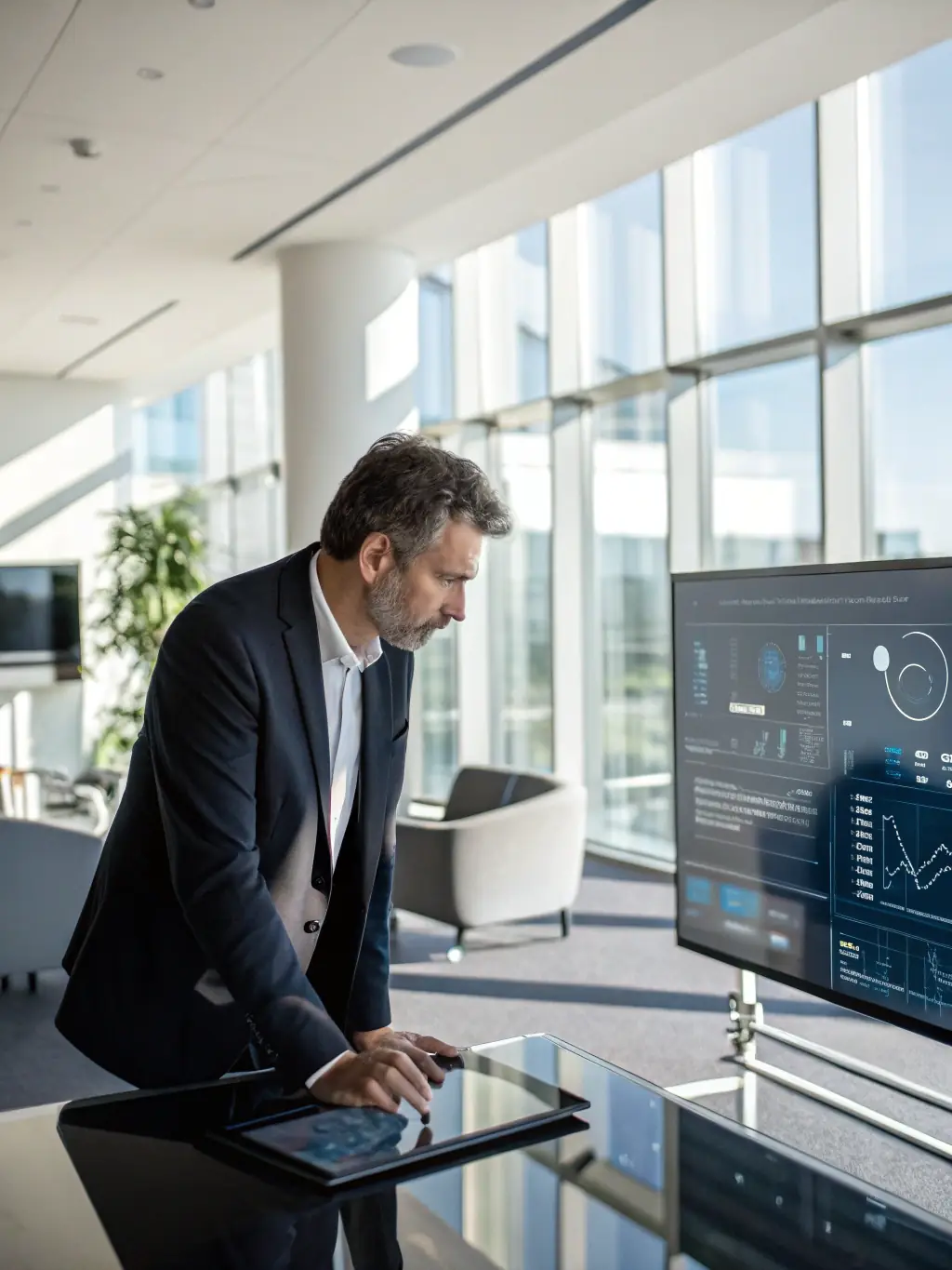 A mature student reviewing AI-generated reports and analytics on a tablet in a relaxed, upscale living room, showcasing the ease of monitoring passive income streams.