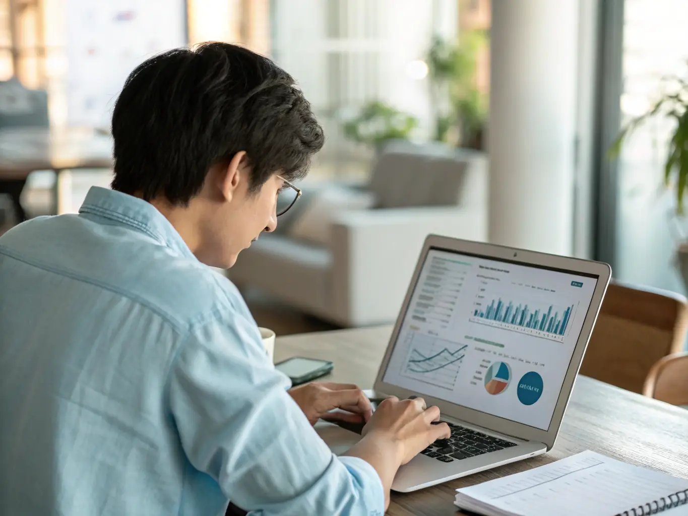 A focused individual working on a complex AI model on the stakeAutomate platform, showcasing the platform's advanced tools and resources.