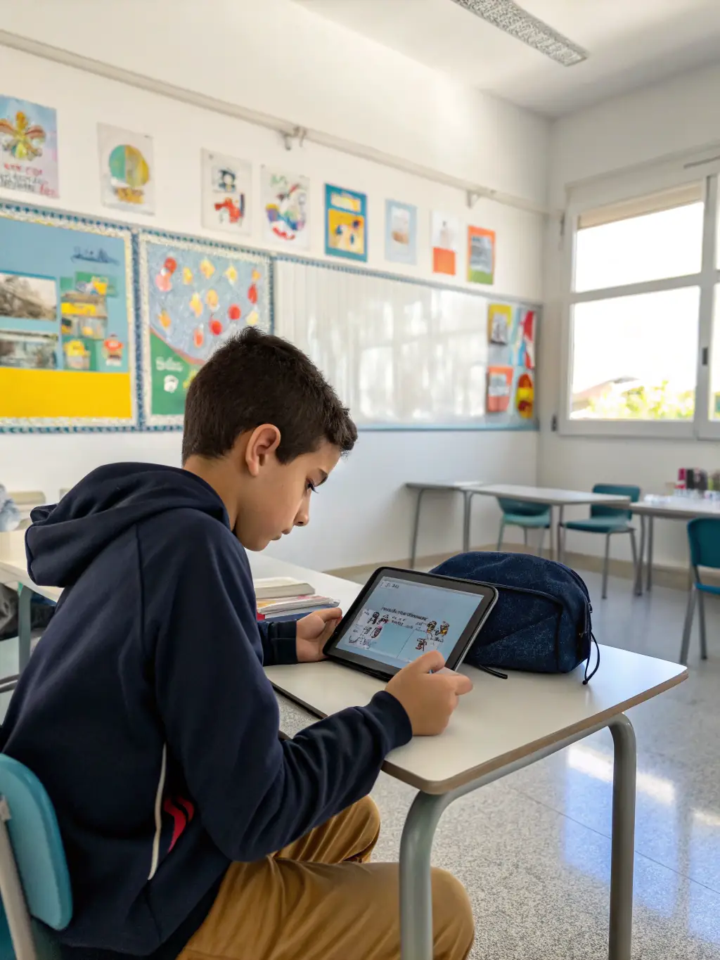 A student is completing an AI training course on stakeAutomate, interacting with the course materials on a tablet. The dark theme with navy and gold accents provides a professional and engaging learning environment.