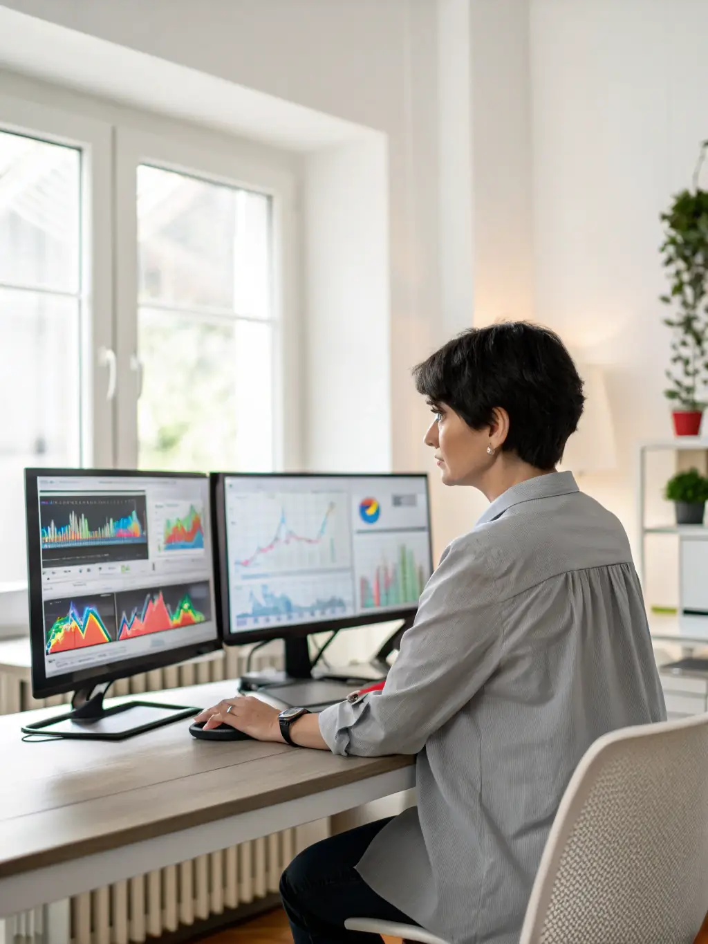 A mature student in a well-lit, modern office setting, confidently using AI automation software on a large monitor, with charts and data visualizations displayed, indicating successful passive income generation.