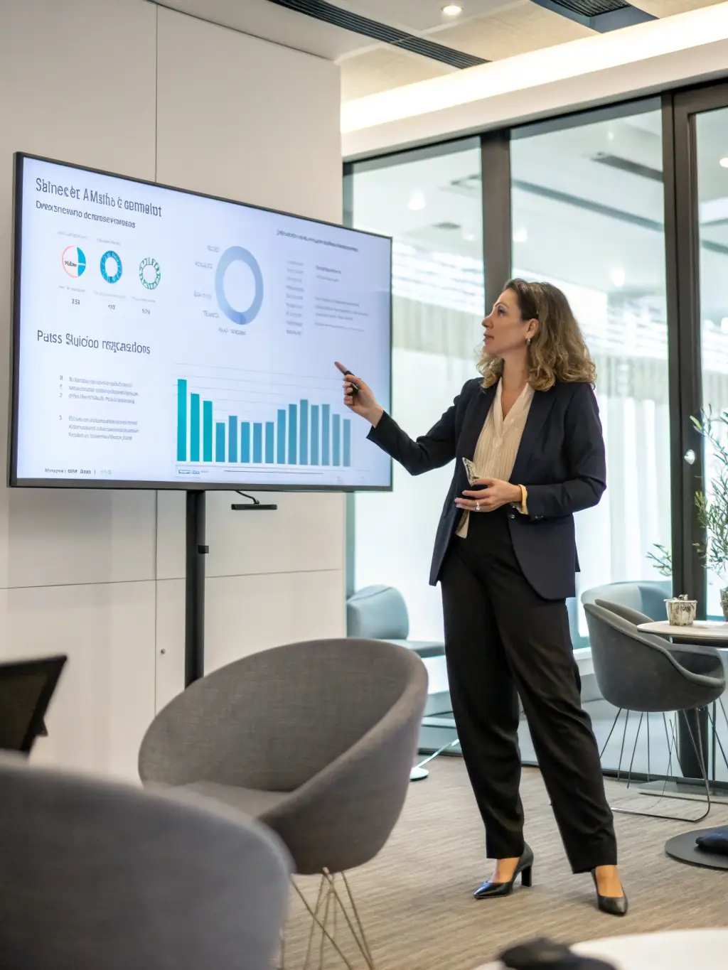 A mature student presenting their AI automation project to a panel of experts, receiving positive feedback and demonstrating their newfound skills and passive income potential.